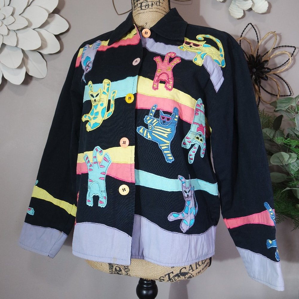Vintage LIFE STYLE PETITE Cool Cats Pastel Embroidered Applique Buttoned Blazer